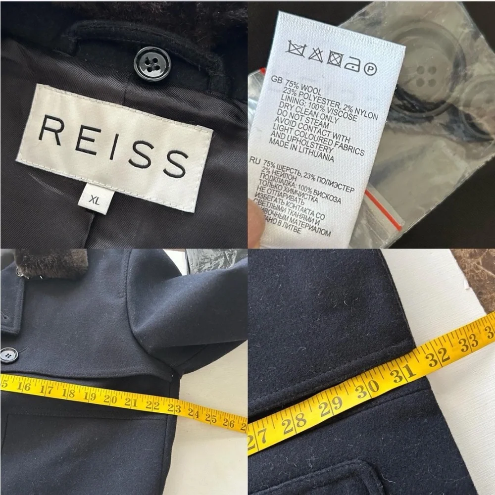 REISS Wool Blend double-breasted Peacoat with faux fur removable collar black.